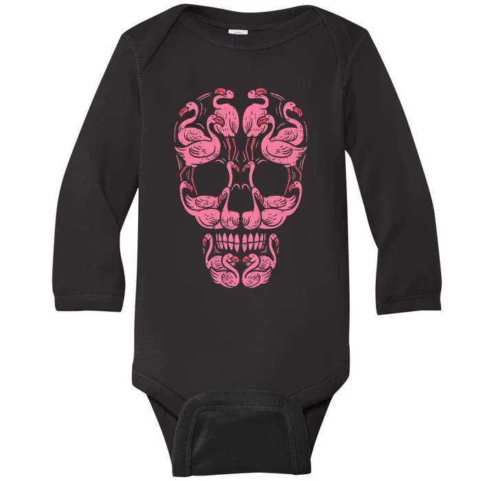 Pink Flamingo Skull Breast Cancer Awareness Halloween Women Baby Long Sleeve Bodysuit