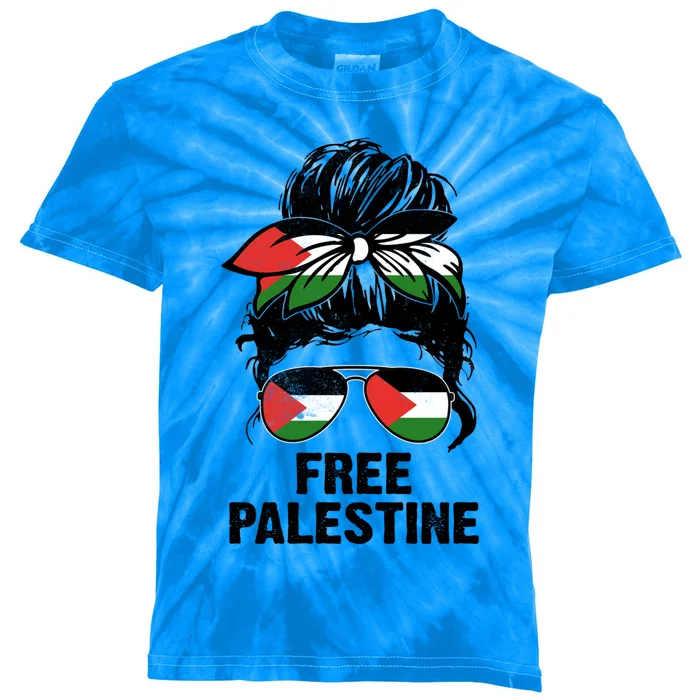 Palestine Free Save Gaza Strip End Messy Hair Bun Flag Cute Gift Kids Tie-Dye T-Shirt