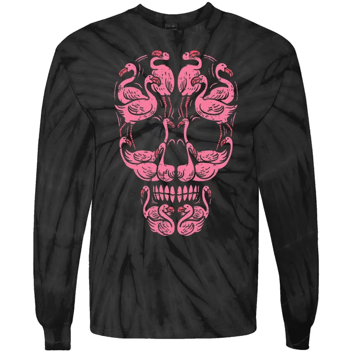 Pink Flamingo Skull Breast Cancer Awareness Halloween Tie-Dye Long Sleeve Shirt