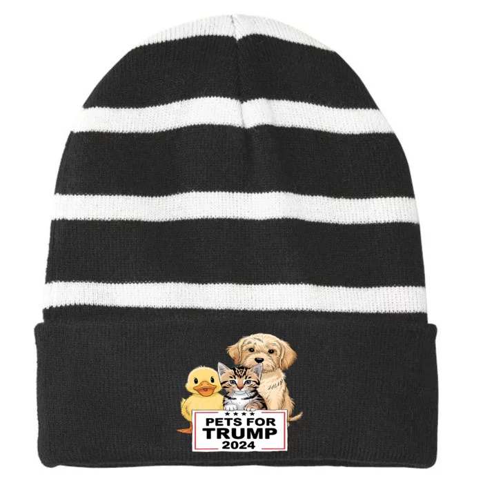 Pets For Trump Duck Cat Dog Donald Trump 2024 Striped Beanie with Solid Band