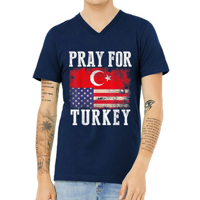 PRAY FOR TURKEY VINTAGE FLAG TURKEY V-Neck T-Shirt