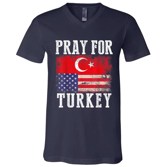 PRAY FOR TURKEY VINTAGE FLAG TURKEY V-Neck T-Shirt