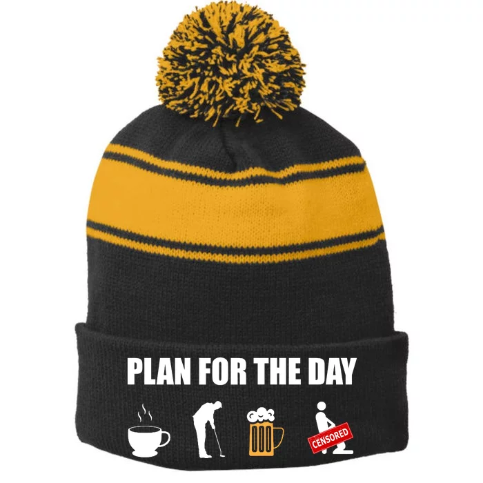 Plan For The Day Funny Golf Stripe Pom Pom Beanie