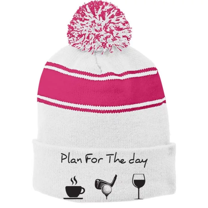 Plan For The Day Coffee Golf Wine Stripe Pom Pom Beanie