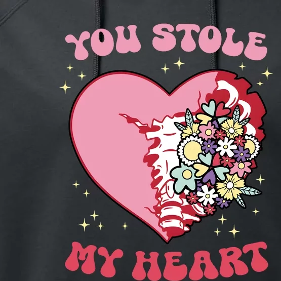 Pink Floral Valentine You Stole My Heart Matching Couple Performance Fleece Hoodie