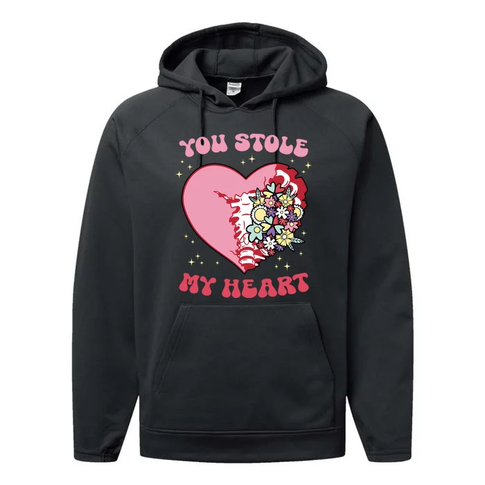 Pink Floral Valentine You Stole My Heart Matching Couple Performance Fleece Hoodie