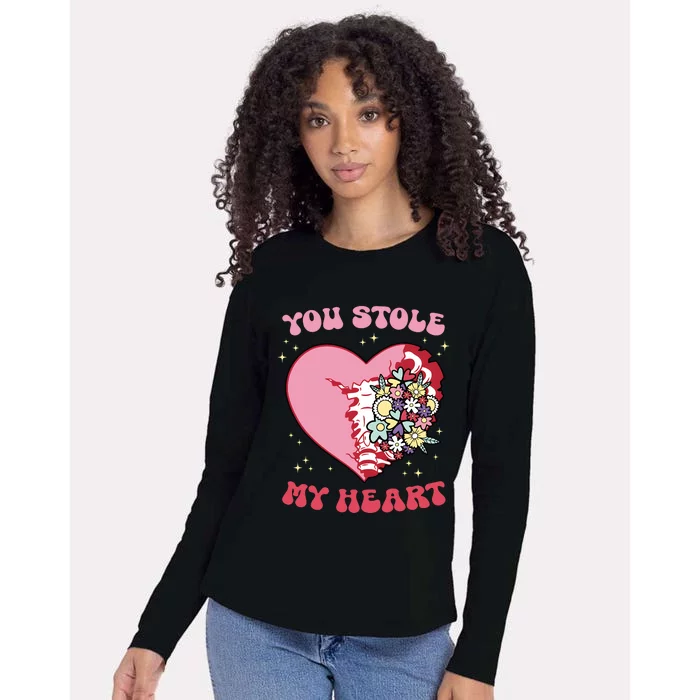 Pink Floral Valentine You Stole My Heart Matching Couple Womens Cotton Relaxed Long Sleeve T-Shirt