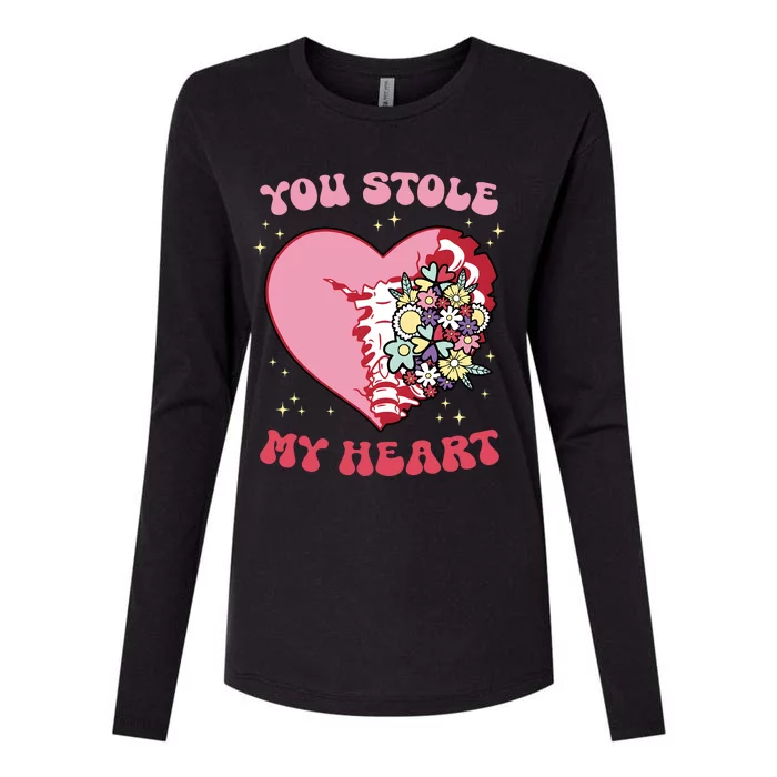 Pink Floral Valentine You Stole My Heart Matching Couple Womens Cotton Relaxed Long Sleeve T-Shirt