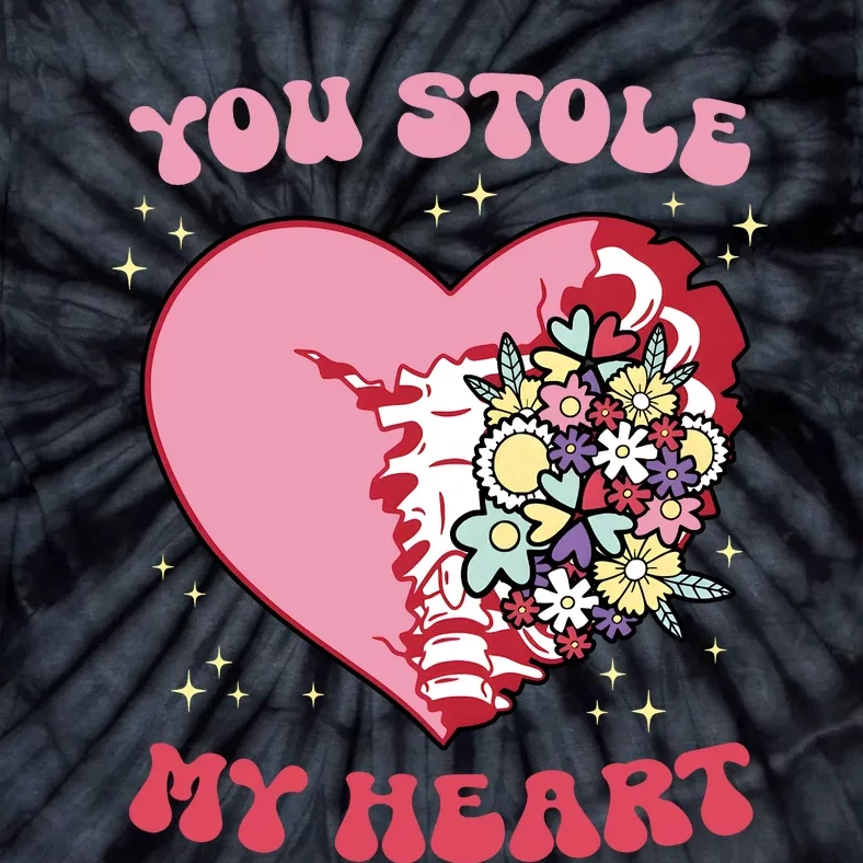 Pink Floral Valentine You Stole My Heart Matching Couple Tie-Dye T-Shirt