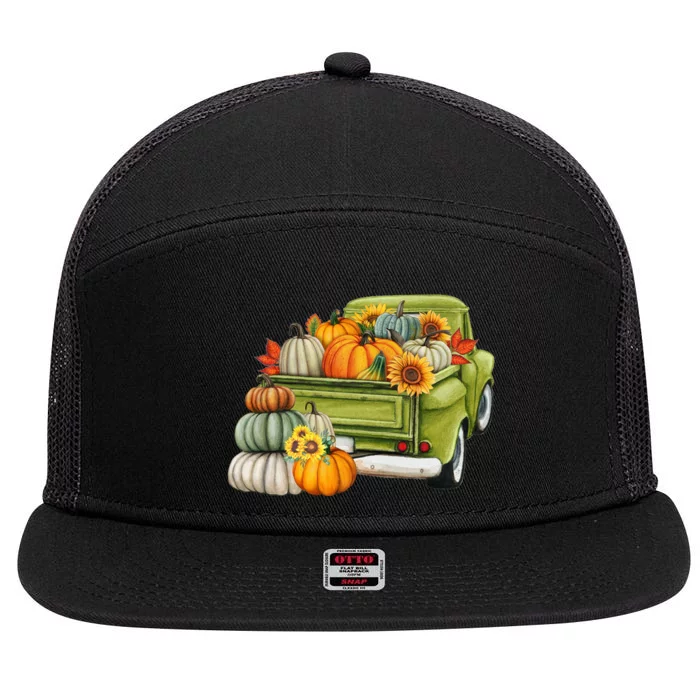 Pumpkin Fall Vintage Truck 7 Panel Mesh Trucker Snapback Hat