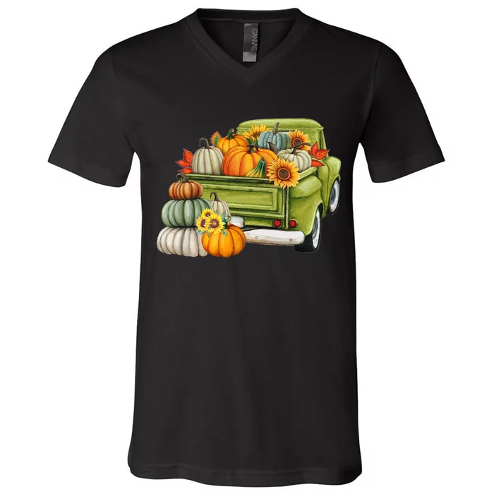 Pumpkin Fall Vintage Truck V-Neck T-Shirt