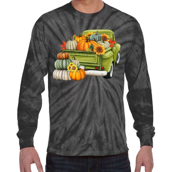 Pumpkin Fall Vintage Truck Tie-Dye Long Sleeve Shirt