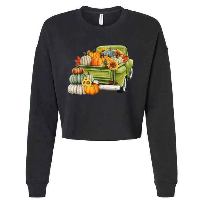 Pumpkin Fall Vintage Truck Cropped Pullover Crew