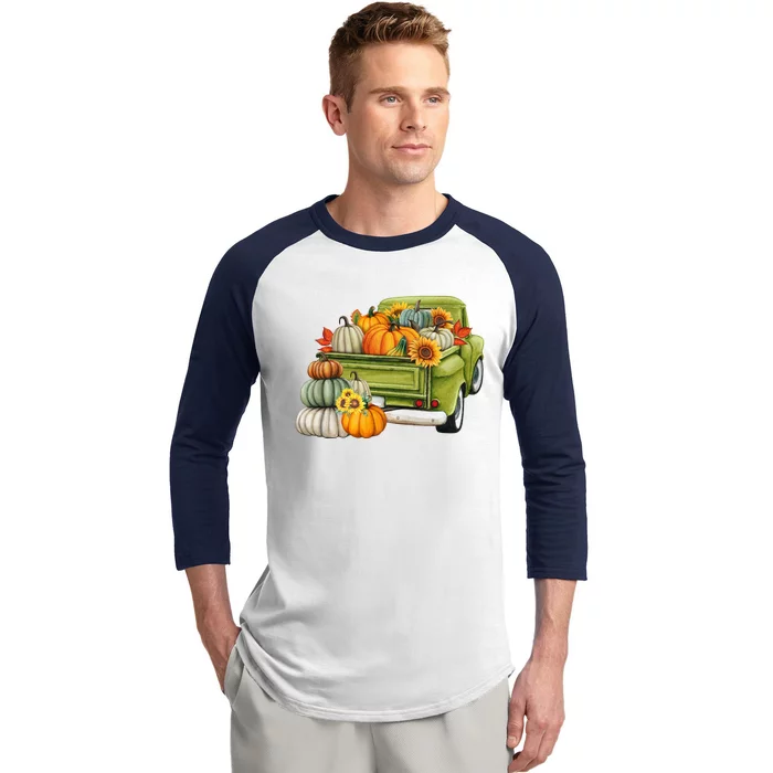 Pumpkin Fall Vintage Truck Baseball Sleeve Shirt