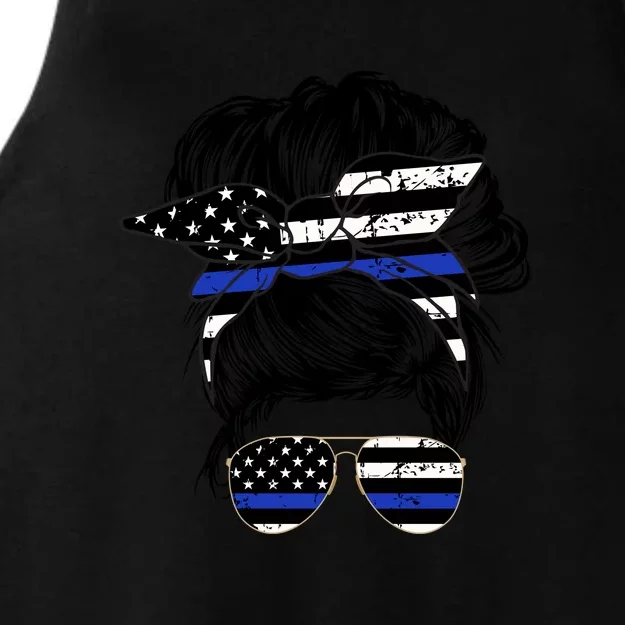 Police Flag Wife Mom Bun Hair Sunglasses Headband Ladies Tri-Blend Wicking Tank