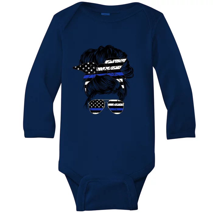 Police Flag Wife Mom Bun Hair Sunglasses Headband Baby Long Sleeve Bodysuit