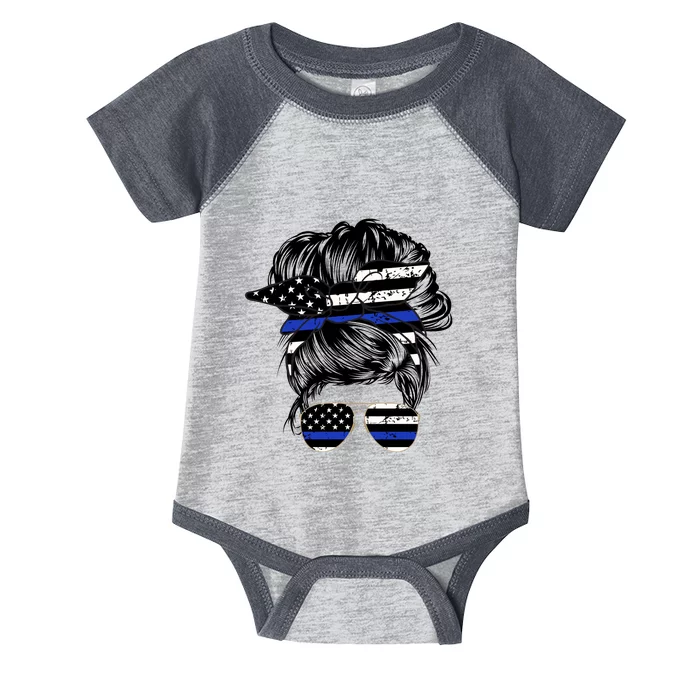 Police Flag Wife Mom Bun Hair Sunglasses Headband Infant Baby Jersey Bodysuit