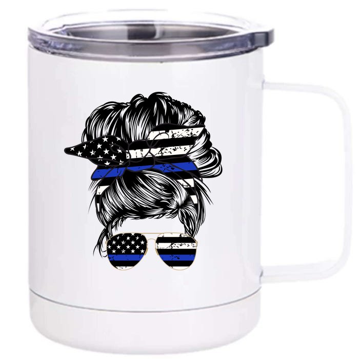 Police Flag Wife Mom Bun Hair Sunglasses Headband Front & Back 12oz Stainless Steel Tumbler Cup