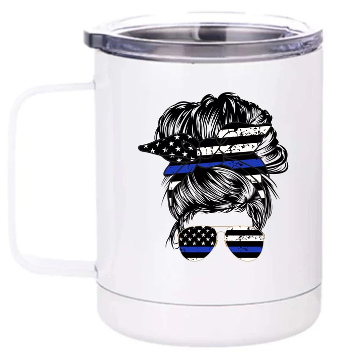 Police Flag Wife Mom Bun Hair Sunglasses Headband Front & Back 12oz Stainless Steel Tumbler Cup