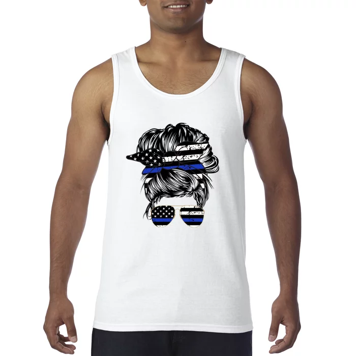 Police Flag Wife Mom Bun Hair Sunglasses Headband Tank Top