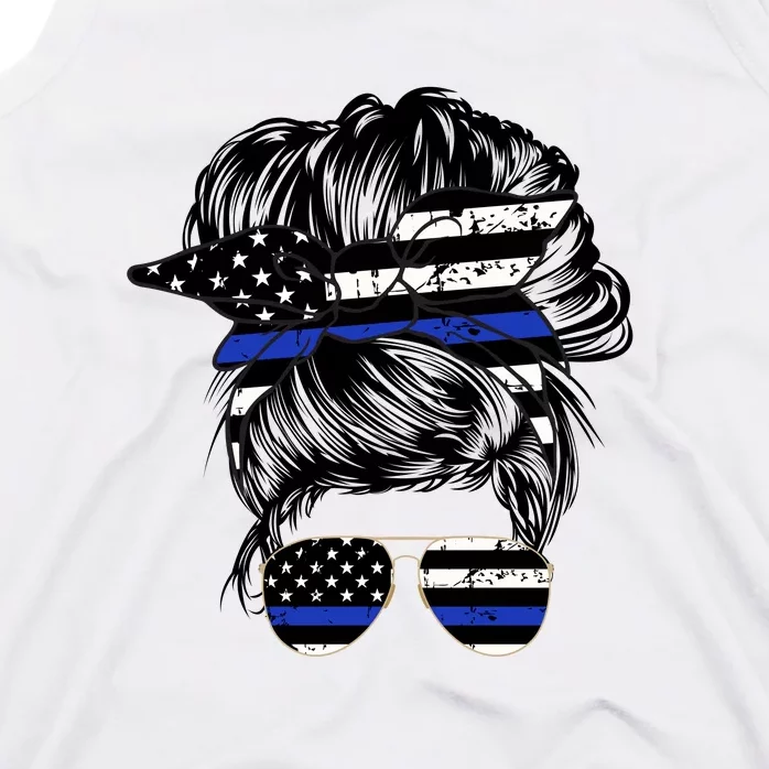 Police Flag Wife Mom Bun Hair Sunglasses Headband Tank Top