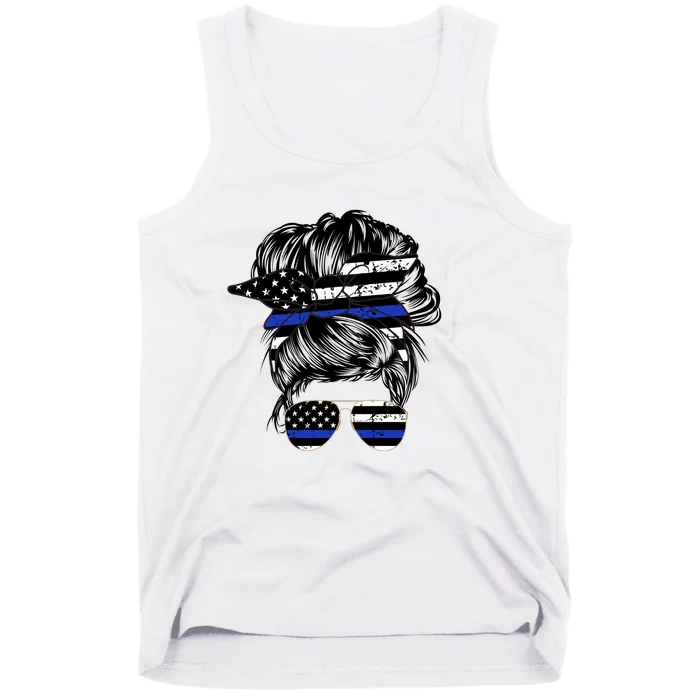 Police Flag Wife Mom Bun Hair Sunglasses Headband Tank Top