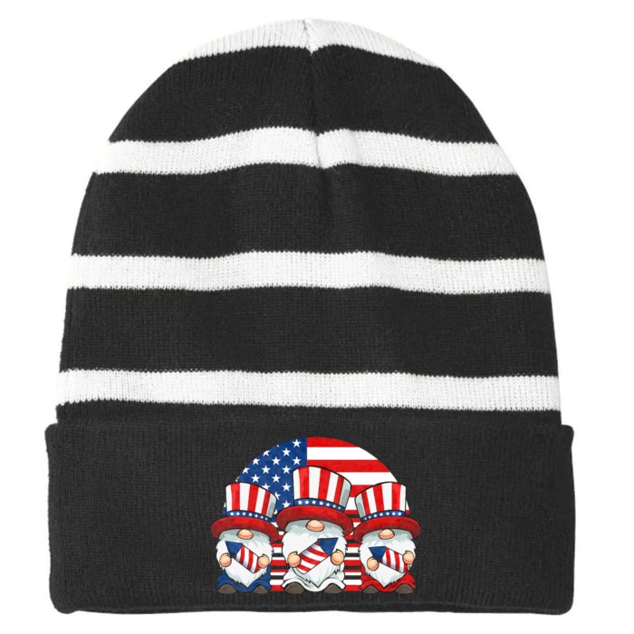 Patriotic Gnomies 4th Of July Gnome American Flag Fireworks Striped Beanie with Solid Band