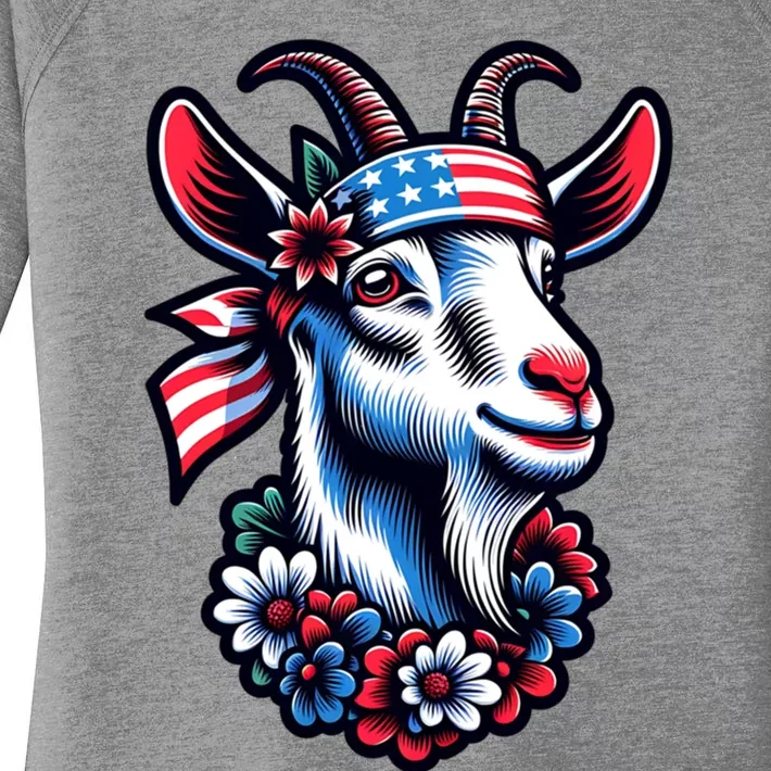 Patriotic Goat 4th Of July American Flag Bandana Flowers Gift Women's Perfect Tri Tunic Long Sleeve Shirt