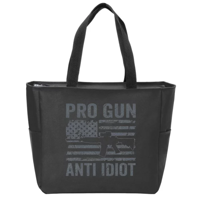 Pro Gun Anti Idiot Second Amendment AR15 Rifle USA Flag Zip Tote Bag