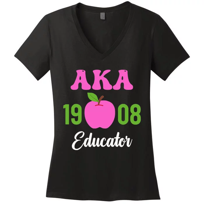 Pink Green AKA Educator Black History Month Teacher Squad Women's V-Neck T-Shirt