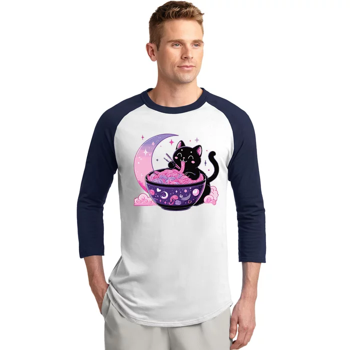 Pastel Goth Aesthetic Kawaii Cat Eating Ramen Noodles Baseball Sleeve Shirt