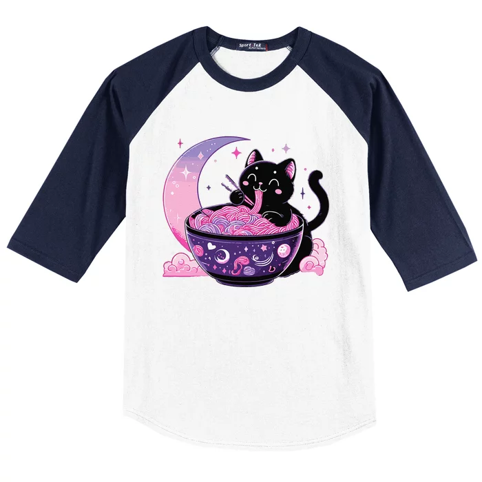 Pastel Goth Aesthetic Kawaii Cat Eating Ramen Noodles Baseball Sleeve Shirt