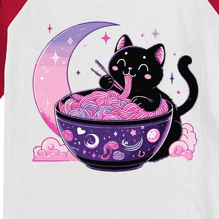 Pastel Goth Aesthetic Kawaii Cat Eating Ramen Noodles Kids Colorblock Raglan Jersey