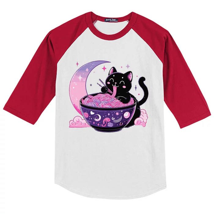 Pastel Goth Aesthetic Kawaii Cat Eating Ramen Noodles Kids Colorblock Raglan Jersey