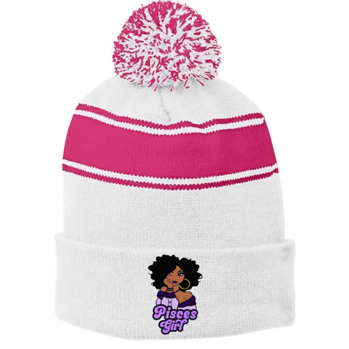 Pisces Girl Afro Girl Zodiac Signs Birthday Stripe Pom Pom Beanie