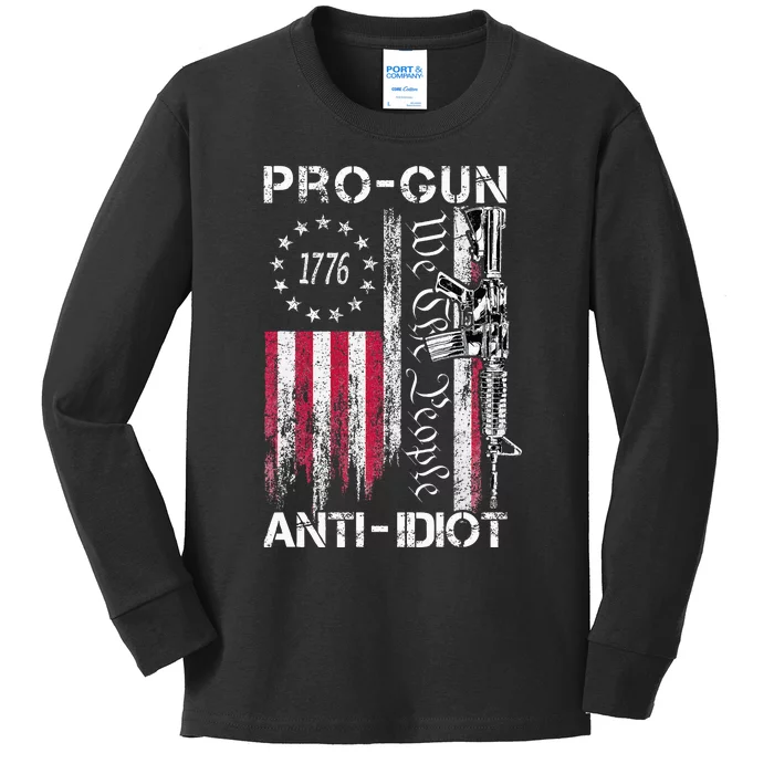 Pro Gun Anti Idiot Vintage Usa Flag 2nd Amendment Kids Long Sleeve Shirt