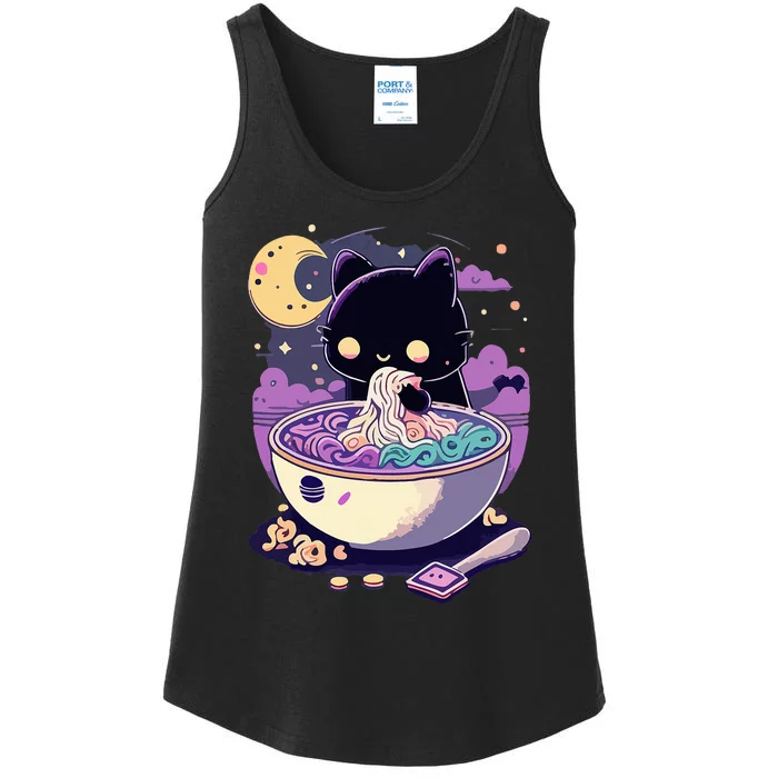 Pastel Goth Aesthetic Kawaii Creepy Cat Eating Ra Noodles Ladies Essential Tank