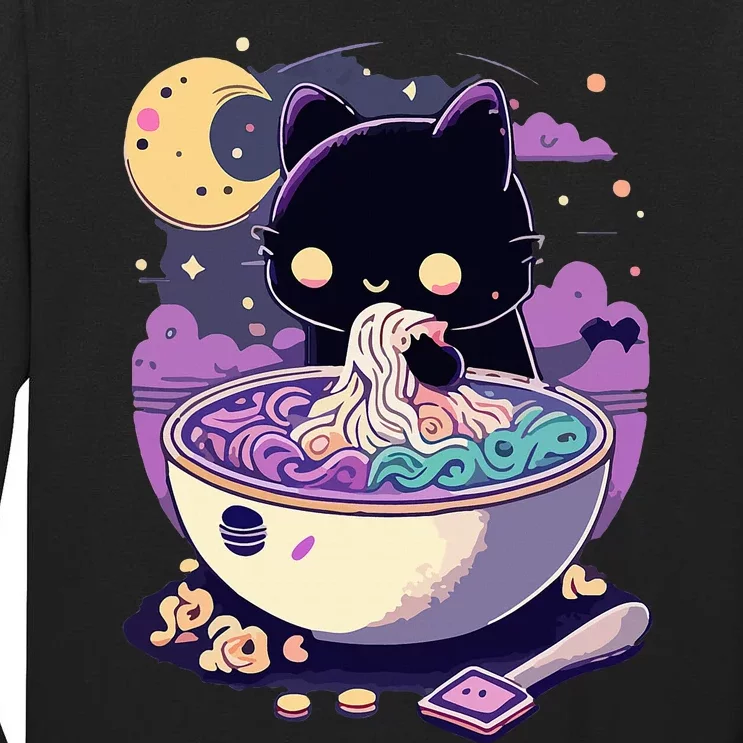 Pastel Goth Aesthetic Kawaii Creepy Cat Eating Ra Noodles Tall Long Sleeve T-Shirt