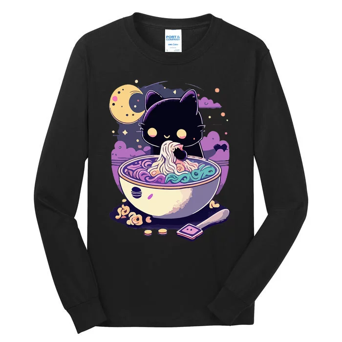 Pastel Goth Aesthetic Kawaii Creepy Cat Eating Ra Noodles Tall Long Sleeve T-Shirt