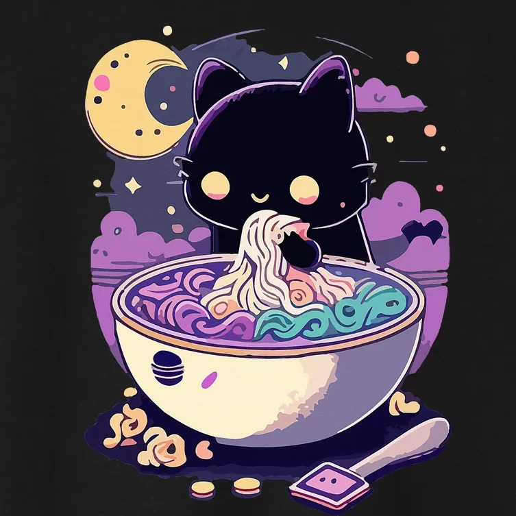 Pastel Goth Aesthetic Kawaii Creepy Cat Eating Ra Noodles Women's Crop Top Tee