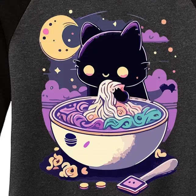 Pastel Goth Aesthetic Kawaii Creepy Cat Eating Ra Noodles Women's Tri-Blend 3/4-Sleeve Raglan Shirt