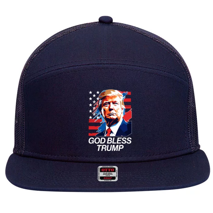 Patriotic God Bless Trump 7 Panel Mesh Trucker Snapback Hat