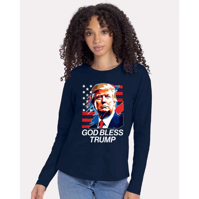 Patriotic God Bless Trump Womens Cotton Relaxed Long Sleeve T-Shirt