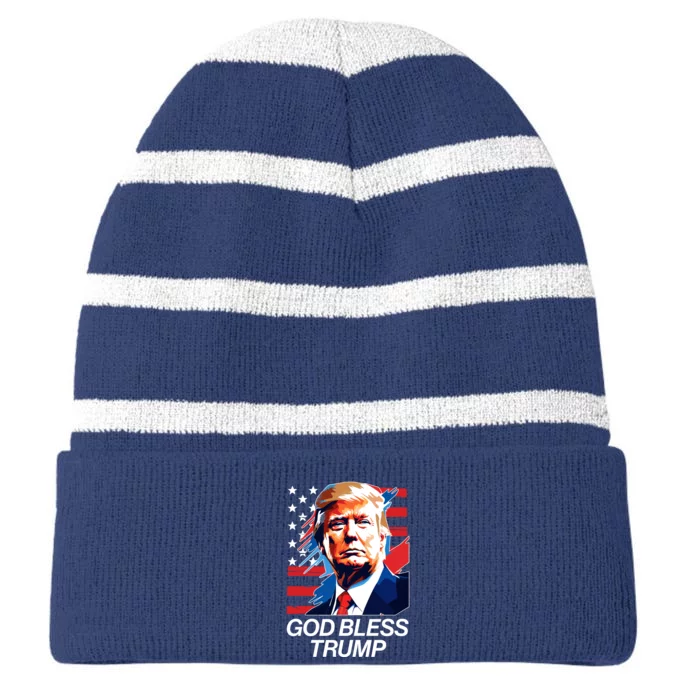 Patriotic God Bless Trump Striped Beanie with Solid Band