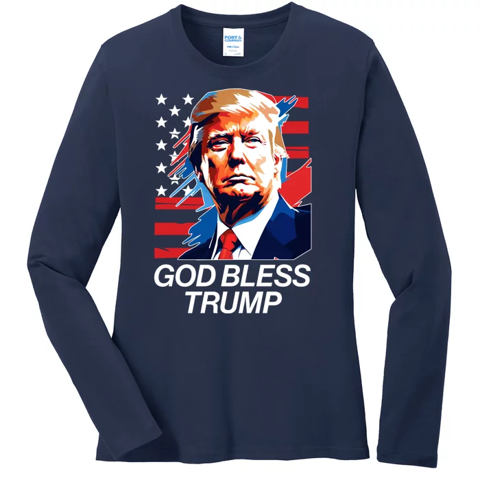 Patriotic God Bless Trump Ladies Long Sleeve Shirt