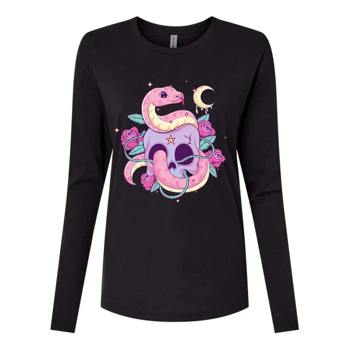 Pastel Goth Creepy Skull Serpent Snake Kawaii Emo Nu Goth Womens Cotton Relaxed Long Sleeve T-Shirt