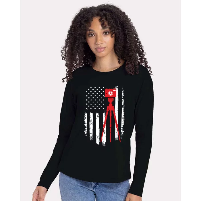 Photographer Gift Distressed American Flag Photographer Womens Cotton Relaxed Long Sleeve T-Shirt