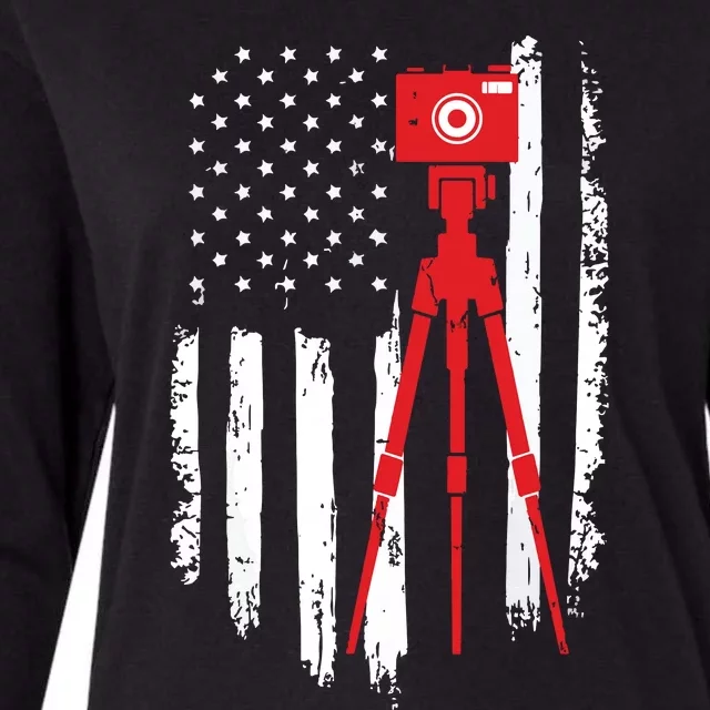 Photographer Gift Distressed American Flag Photographer Womens Cotton Relaxed Long Sleeve T-Shirt