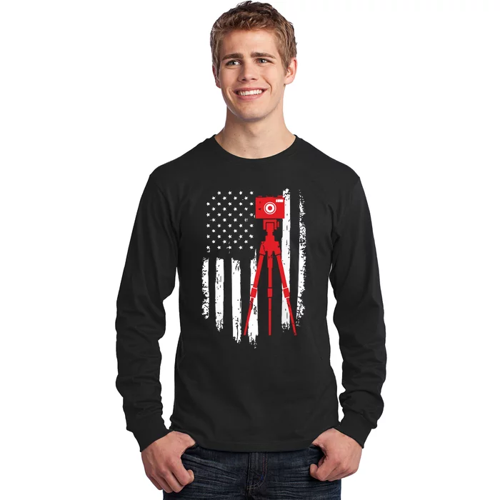 Photographer Gift Distressed American Flag Photographer Long Sleeve Shirt