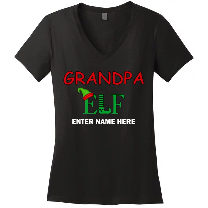 Personalize Grandpa Elf Custom Family Matching Christmas Women's V-Neck T-Shirt